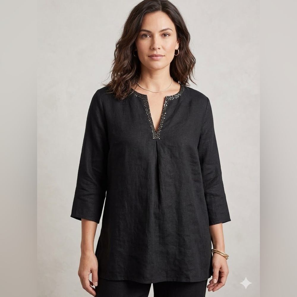 Eileen Fisher 100% Irish Linen Beaded/Sequin V Neck Tunic Top
